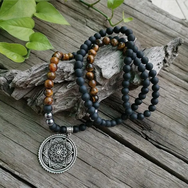 Black Onyx & Tigers Eye Bracelet/Necklace/Mala Set with Charm