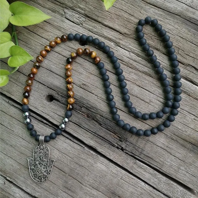 Black Onyx & Tigers Eye Bracelet/Necklace/Mala Set with Charm