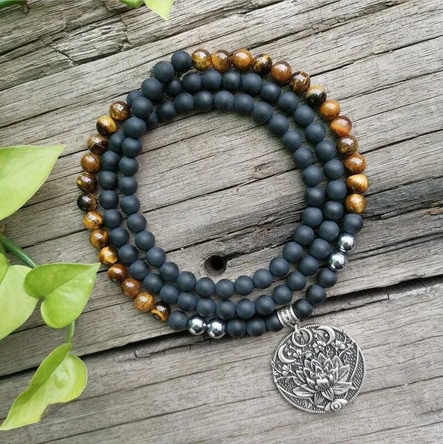 Black Onyx & Tigers Eye Bracelet/Necklace/Mala Set with Charm