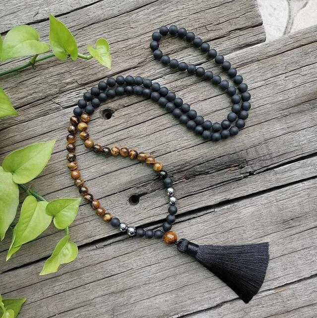 Black Onyx & Tigers Eye Bracelet/Necklace/Mala Set with Charm
