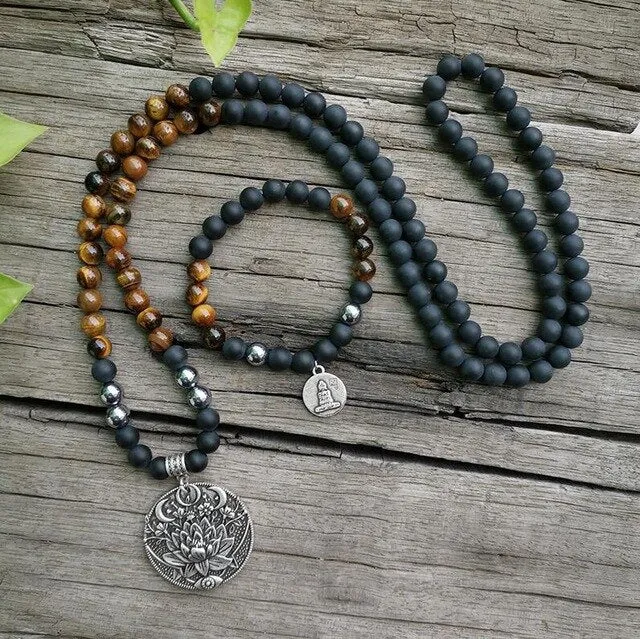 Black Onyx & Tigers Eye Bracelet/Necklace/Mala Set with Charm