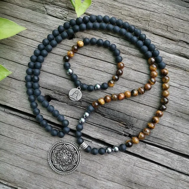 Black Onyx & Tigers Eye Bracelet/Necklace/Mala Set with Charm