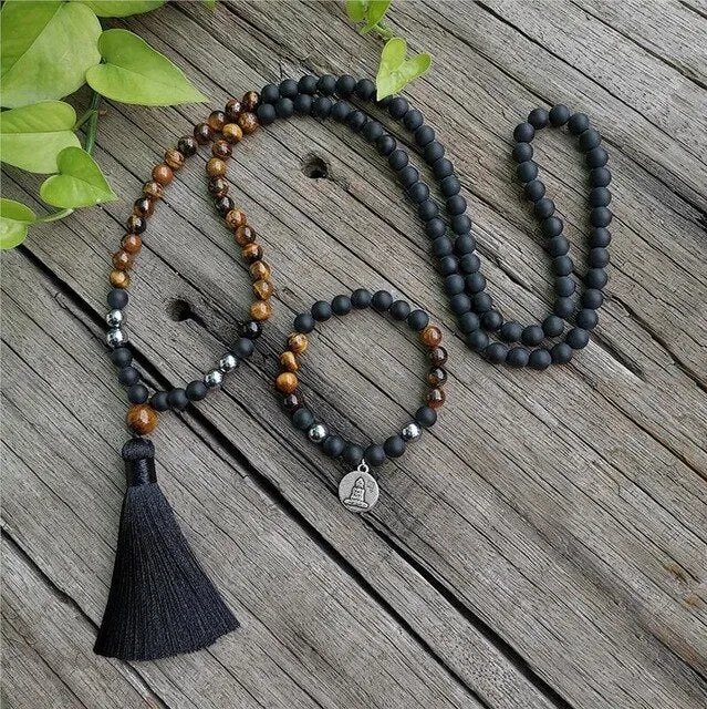 Black Onyx & Tigers Eye Bracelet/Necklace/Mala Set with Charm