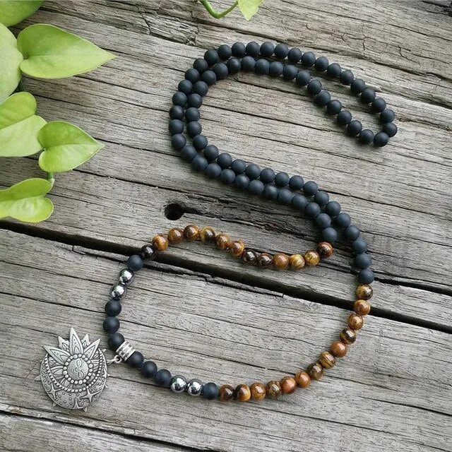 Black Onyx & Tigers Eye Bracelet/Necklace/Mala Set with Charm