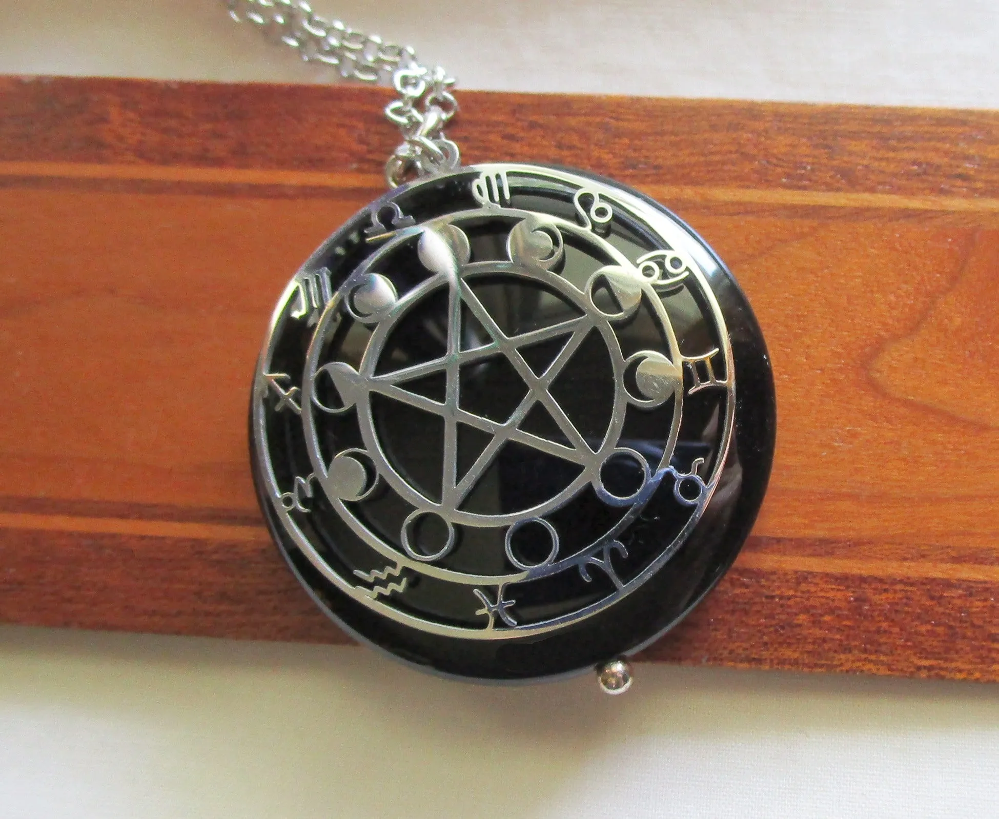 Black Onyx Scrying Glass with Silver Star Pentacle Zodiac Pendant Necklace