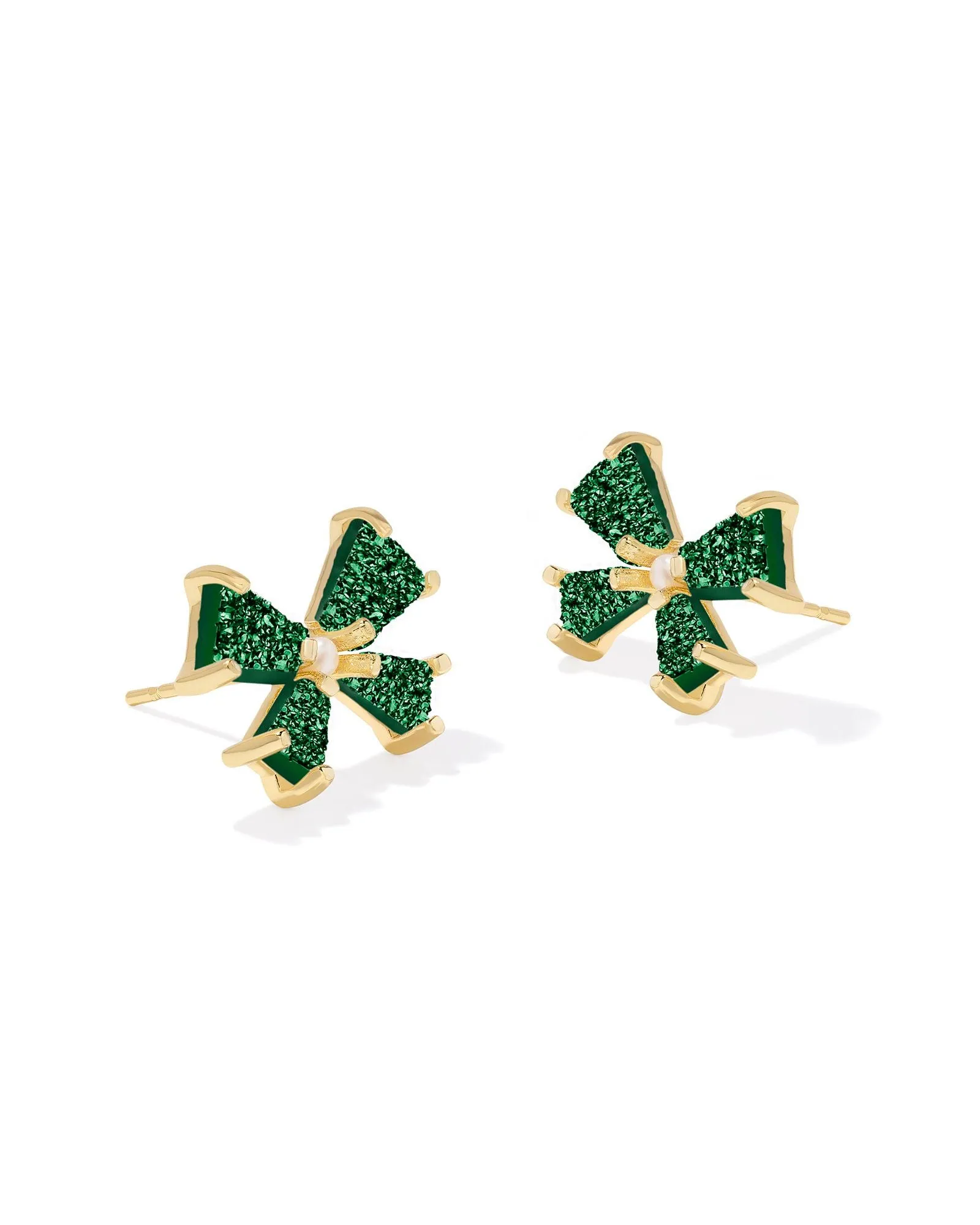 Blair Bow Gold Stud Earrings in Emerald Drusy