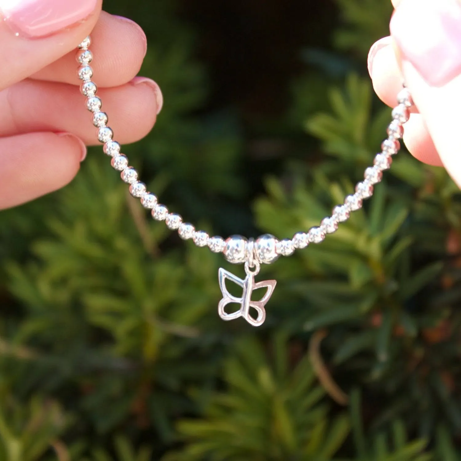 Butterfly on Silver Ball Bead Bracelet