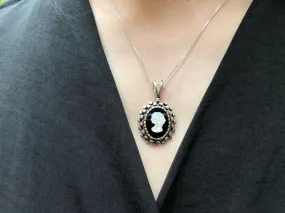 Cameo Pendant - Shell Pearl Necklace - Onyx Lady Necklace