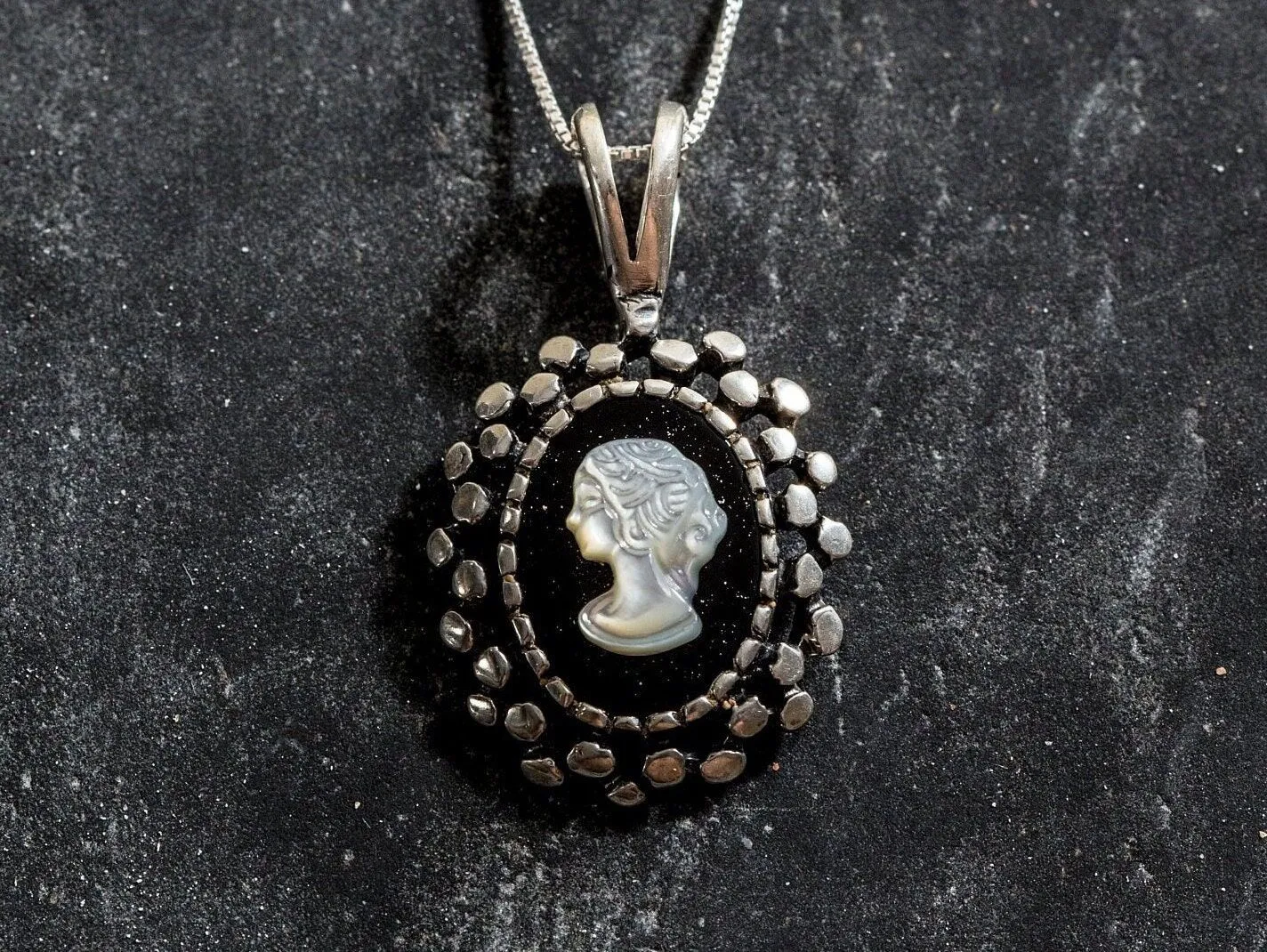 Cameo Pendant - Shell Pearl Necklace - Onyx Lady Necklace