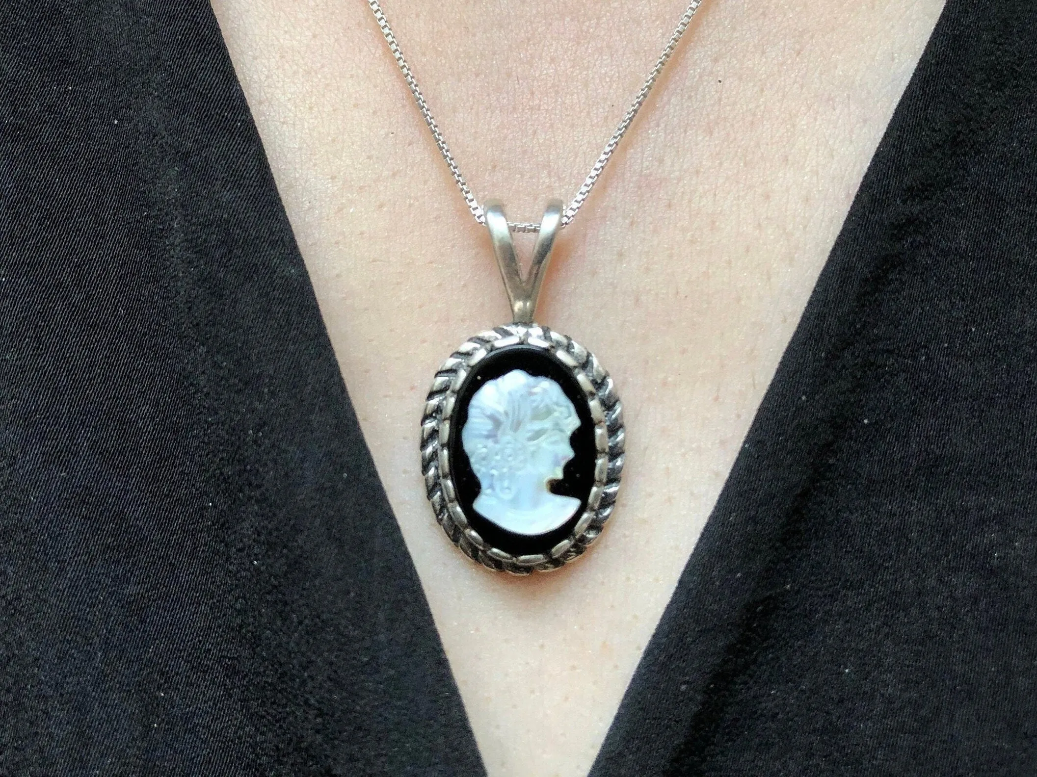Cameo Pendant - Vintage Lady Necklace - Black Victorian Necklace