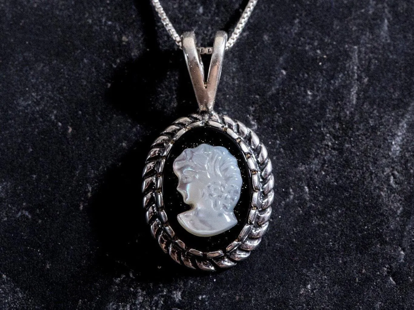 Cameo Pendant - Vintage Lady Necklace - Black Victorian Necklace