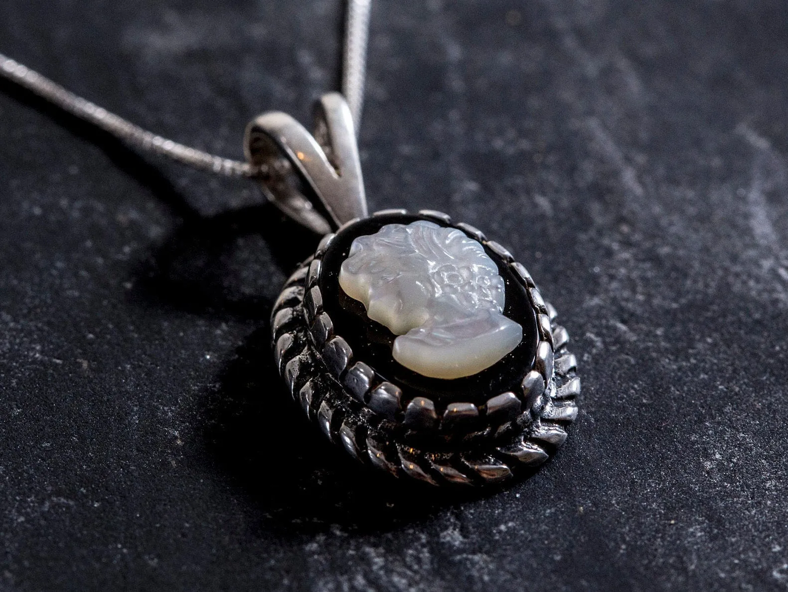 Cameo Pendant - Vintage Lady Necklace - Black Victorian Necklace