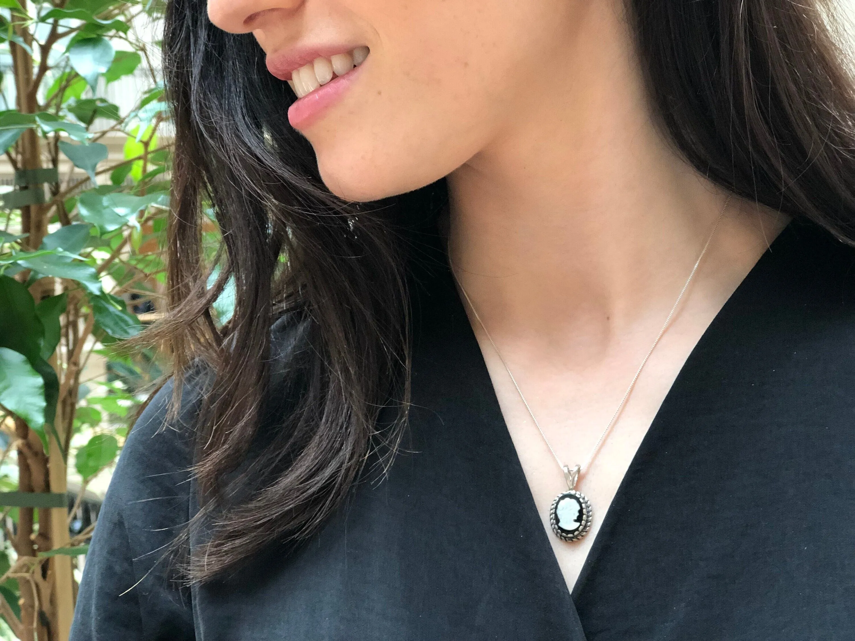 Cameo Pendant - Vintage Lady Necklace - Black Victorian Necklace