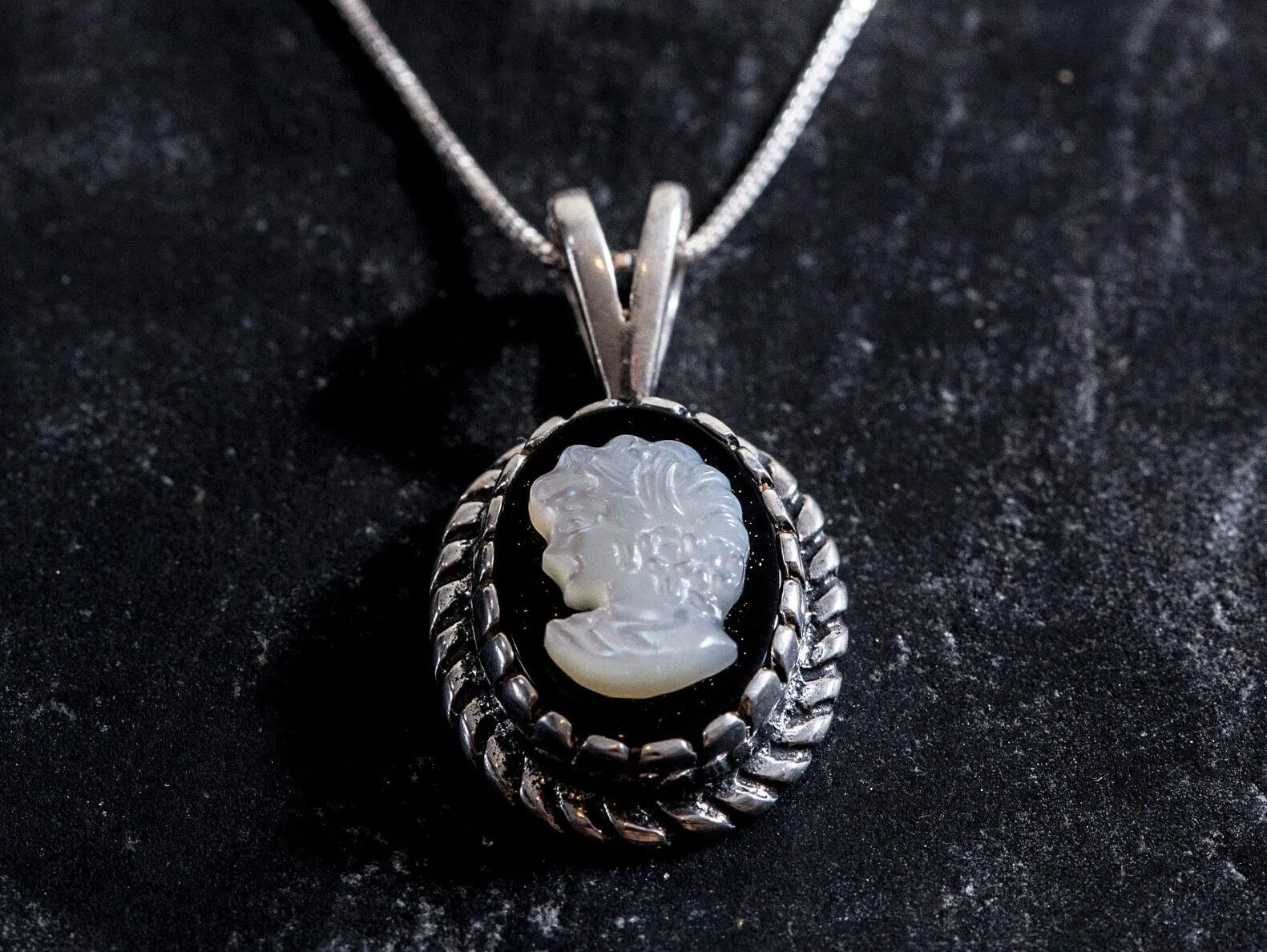 Cameo Pendant - Vintage Lady Necklace - Black Victorian Necklace
