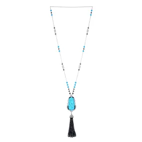 Carved Turquoise Beads Onyx Pave Diamond Beautiful Tassel Opera Necklace In White Gold