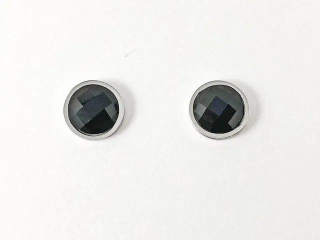 Classic Round Black Onyx CZ Silver Tone Necklace Earring Steel Set
