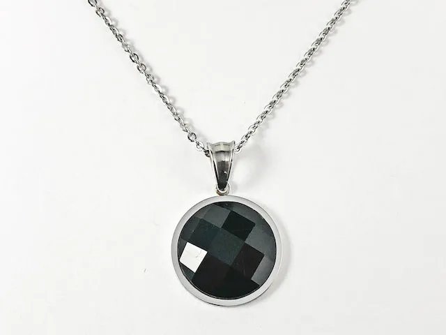 Classic Round Black Onyx CZ Silver Tone Necklace Earring Steel Set