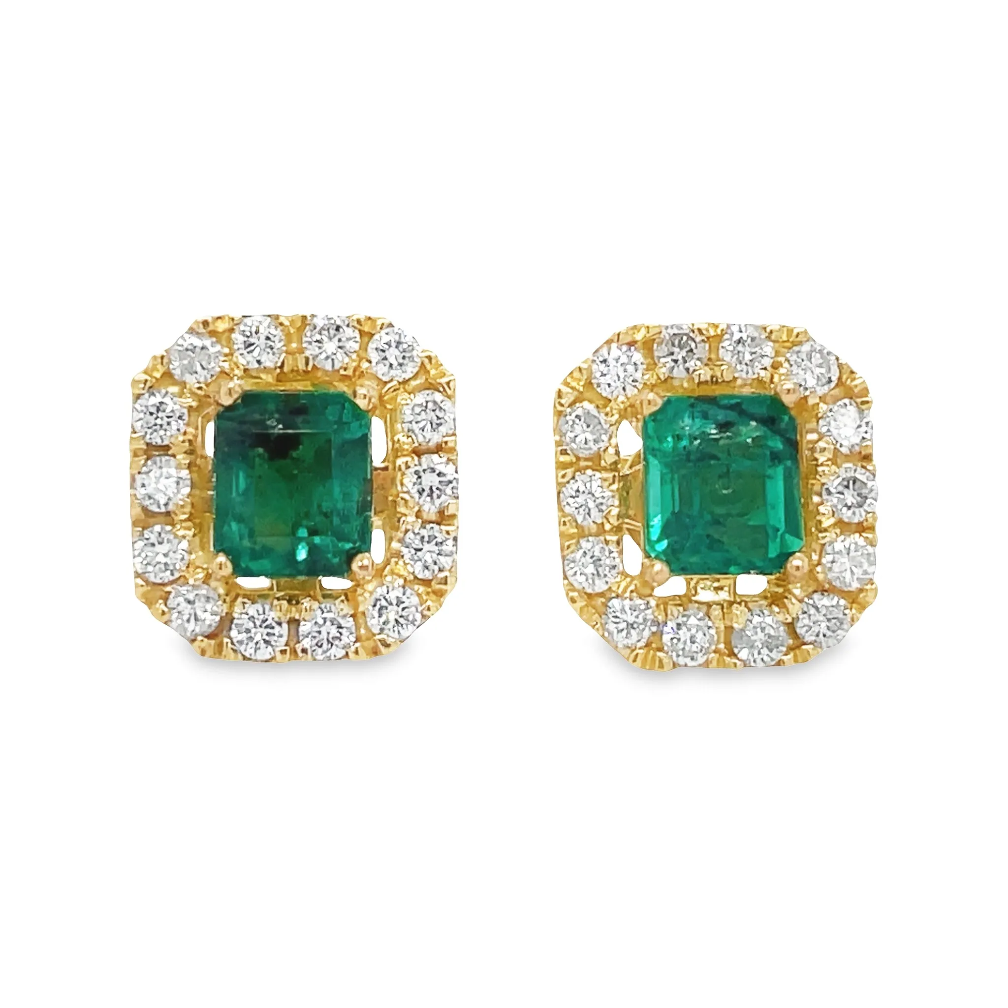 Colombian Emerald Stud Earrings with Diamond Halo Yellow Gold