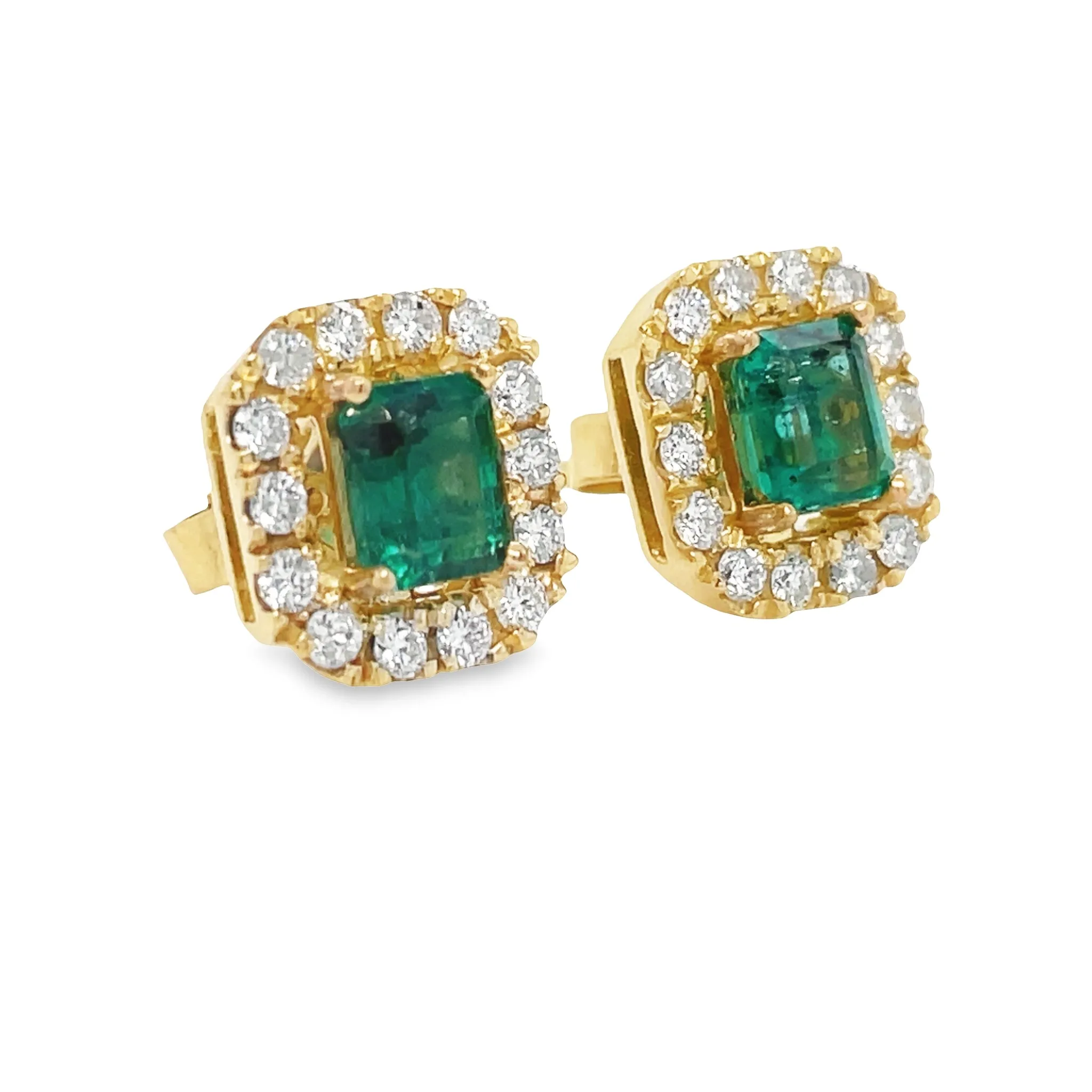 Colombian Emerald Stud Earrings with Diamond Halo Yellow Gold
