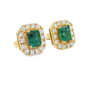 Colombian Emerald Stud Earrings with Diamond Halo Yellow Gold