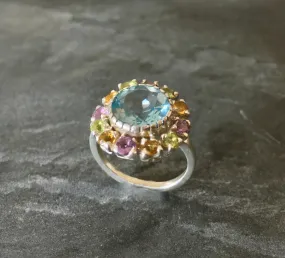 Colorful Flower Ring - Blue Topaz Victorian Ring - Statement Flower Ring