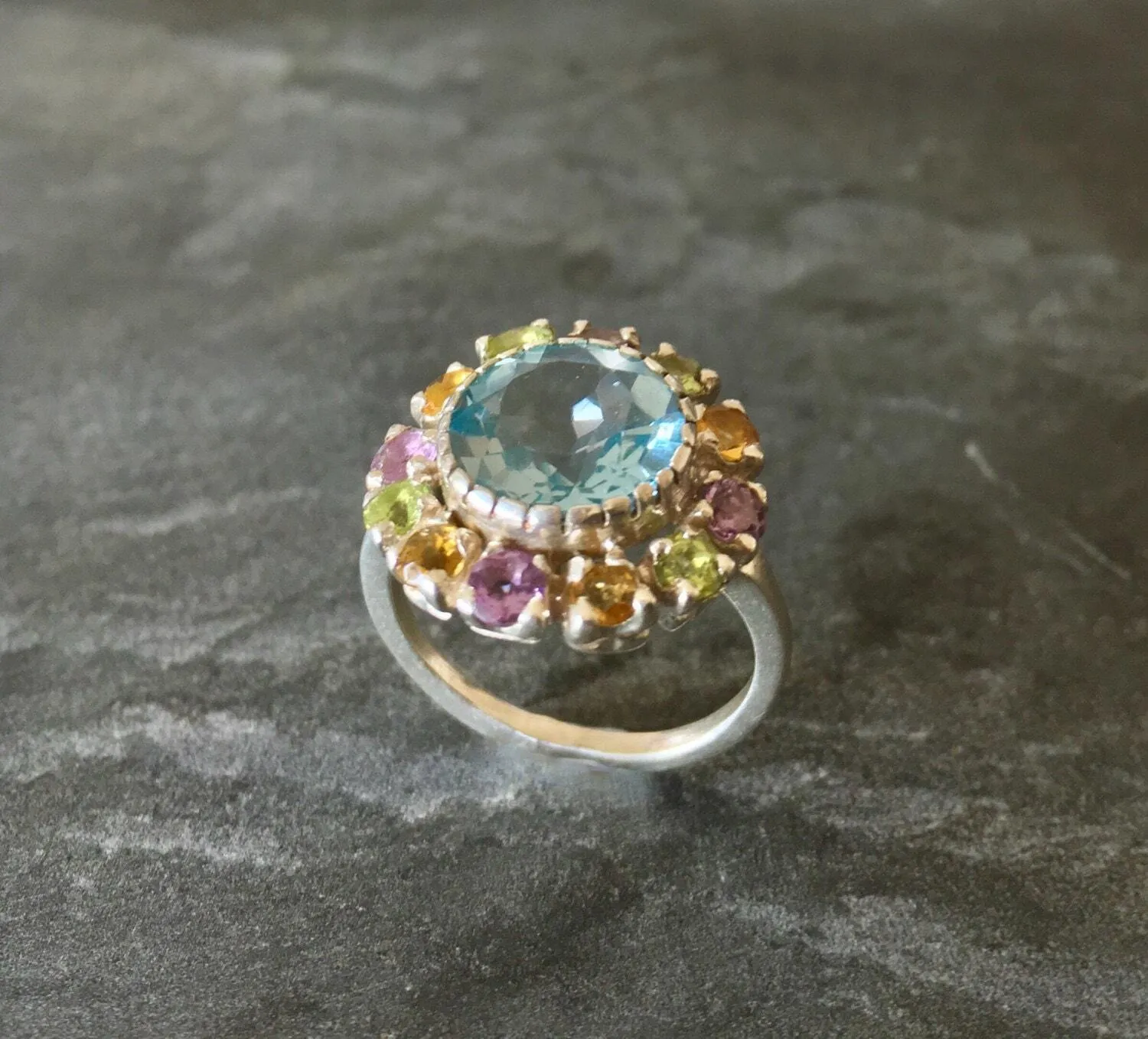 Colorful Flower Ring - Blue Topaz Victorian Ring - Statement Flower Ring
