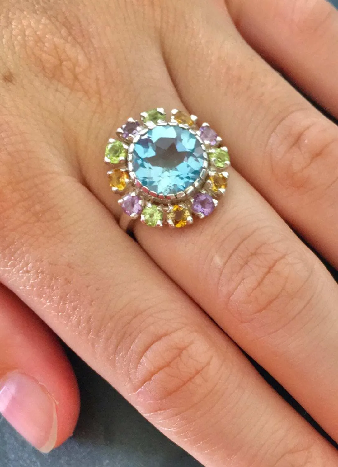 Colorful Flower Ring - Blue Topaz Victorian Ring - Statement Flower Ring