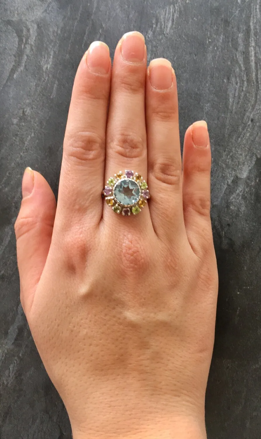 Colorful Flower Ring - Blue Topaz Victorian Ring - Statement Flower Ring