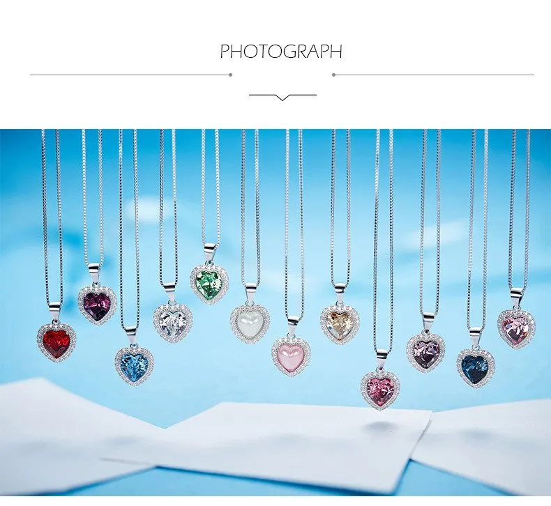 Crystal 925 Sterling Silver Women Pendant Heart Necklace