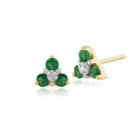 Damen 375 Gold 9ct Gelbgold Rund Drei Smaragd & Diamant Ohrstecker Grün