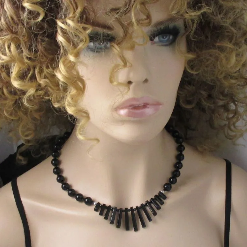 Designer Natural Stone Black Onyx Bead Bib Beaded Necklace