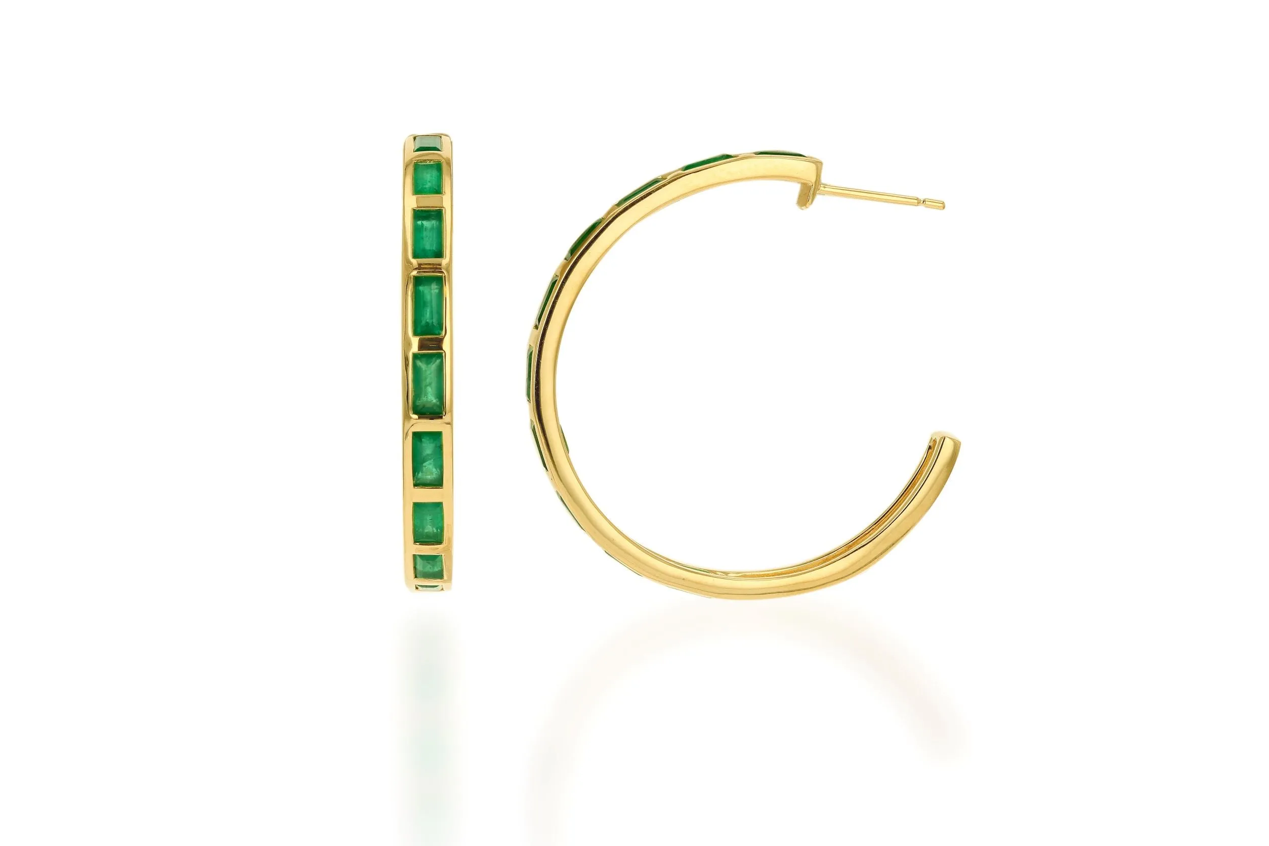 Details by CoatTails Emerald Baguette Hoop Earrings in Yellow Gold