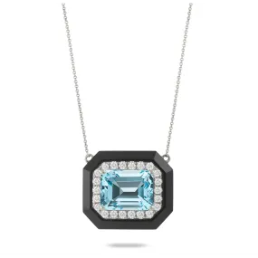 Doves 18K White Gold Sky Blue Topaz with Diamond Halo and Black Onyx Border Pendant Necklace