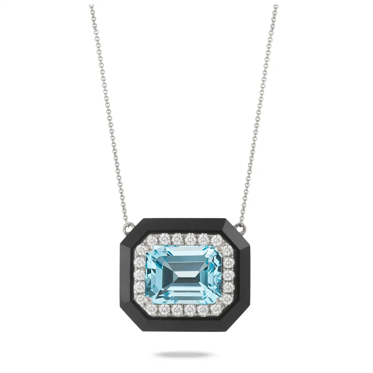 Doves 18K White Gold Sky Blue Topaz with Diamond Halo and Black Onyx Border Pendant Necklace