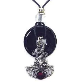 Dragon & Stone Adjustable Cord Necklace with Onyx Colored Disc
