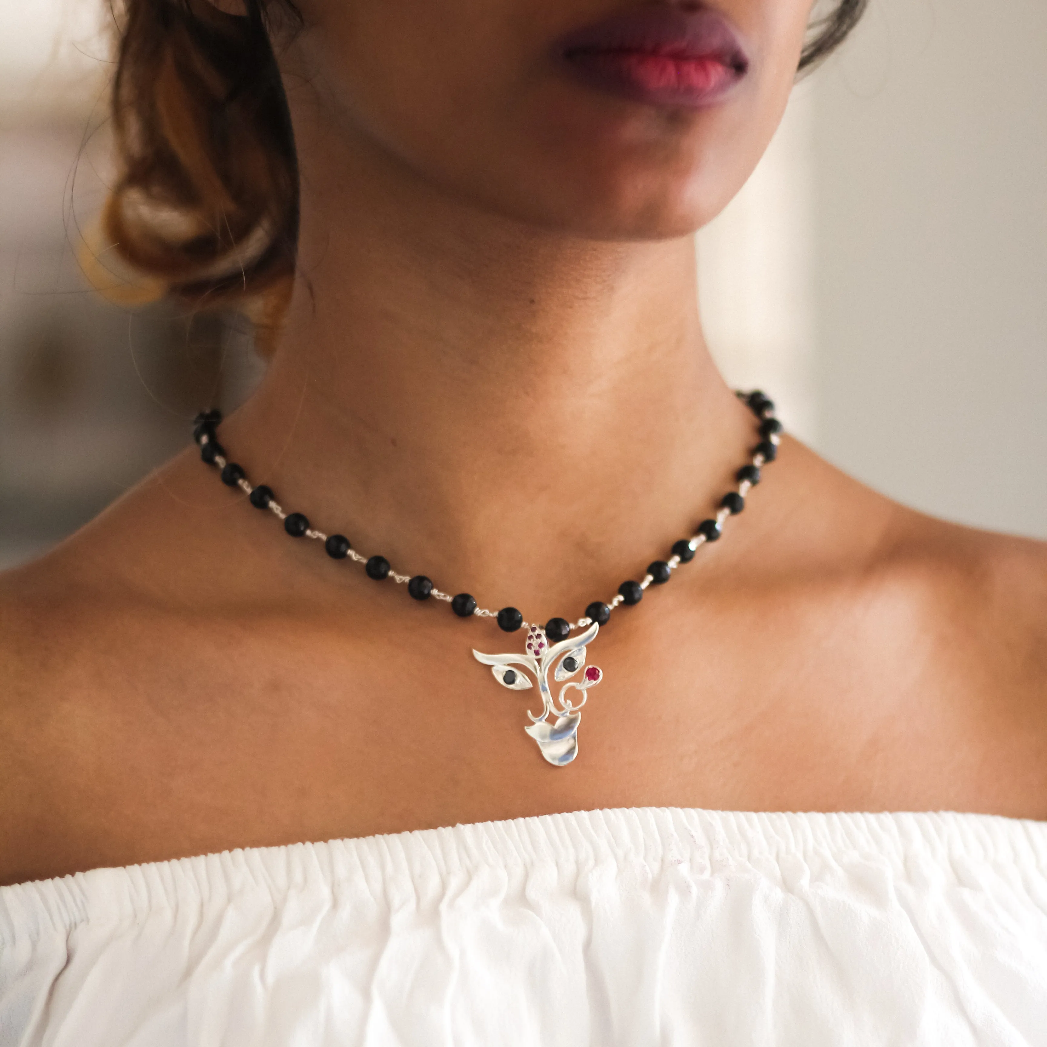 Durga Pendant With Black Onyx Chain (Silver Small)