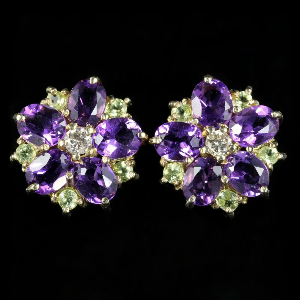 Edwardian Suffragette Style Cluster Flower Earrings Amethyst Peridot Diamond 9ct Gold