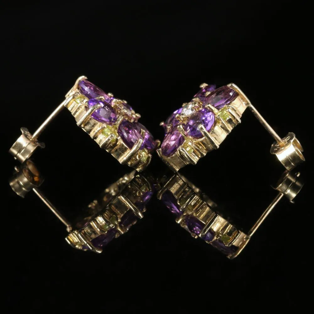 Edwardian Suffragette Style Cluster Flower Earrings Amethyst Peridot Diamond 9ct Gold