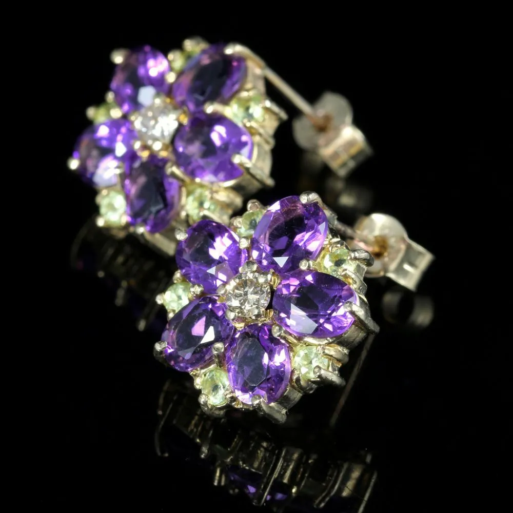 Edwardian Suffragette Style Cluster Flower Earrings Amethyst Peridot Diamond 9ct Gold