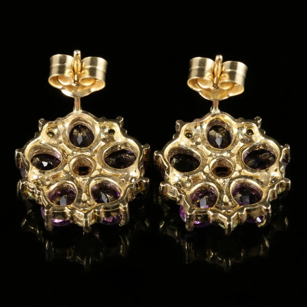 Edwardian Suffragette Style Cluster Flower Earrings Amethyst Peridot Diamond 9ct Gold
