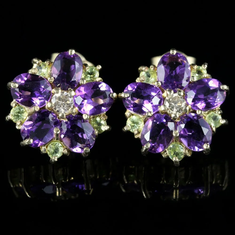 Edwardian Suffragette Style Cluster Flower Earrings Amethyst Peridot Diamond 9ct Gold