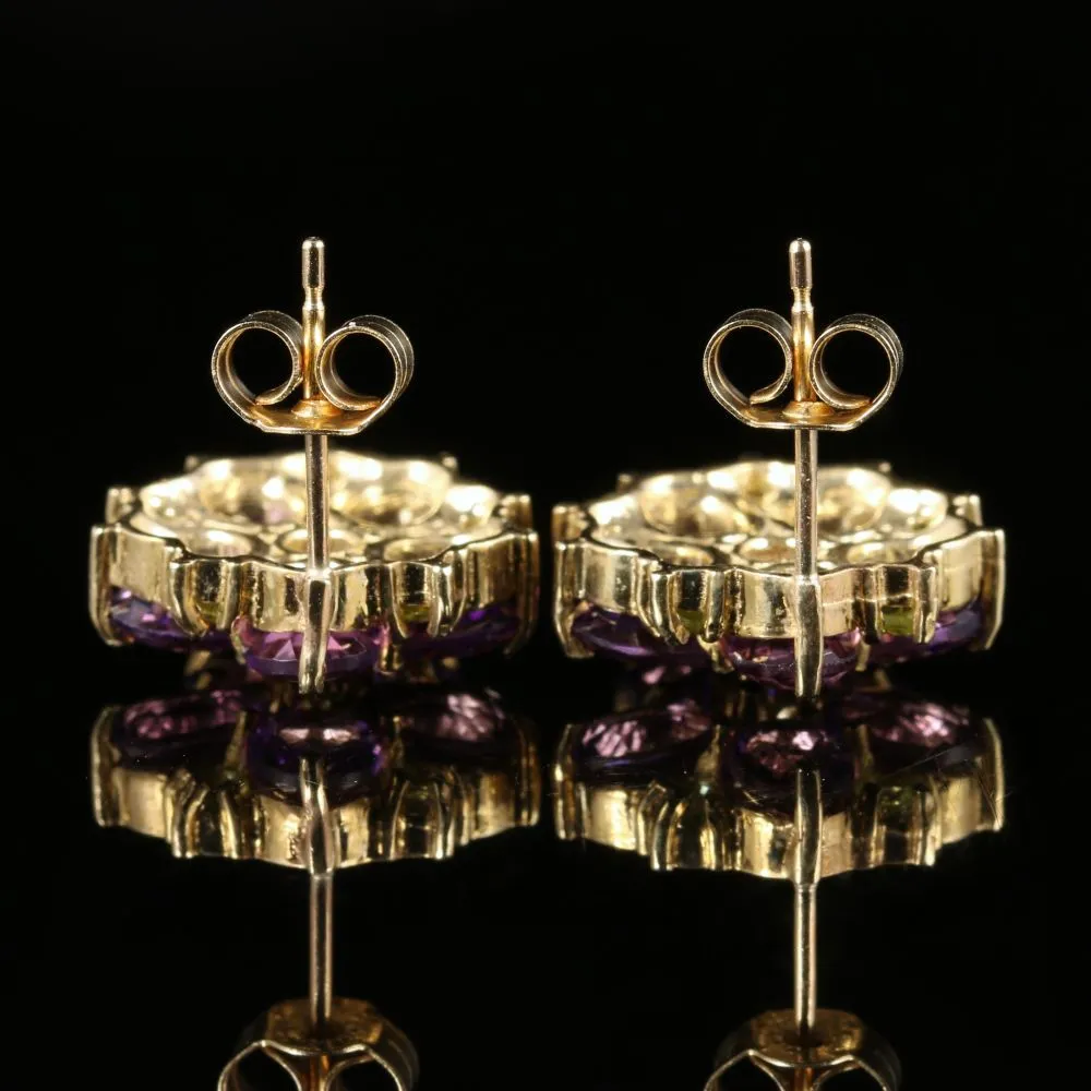 Edwardian Suffragette Style Cluster Flower Earrings Amethyst Peridot Diamond 9ct Gold