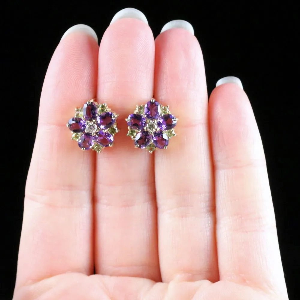Edwardian Suffragette Style Cluster Flower Earrings Amethyst Peridot Diamond 9ct Gold