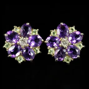 Edwardian Suffragette Style Cluster Flower Earrings Amethyst Peridot Diamond 9ct Gold