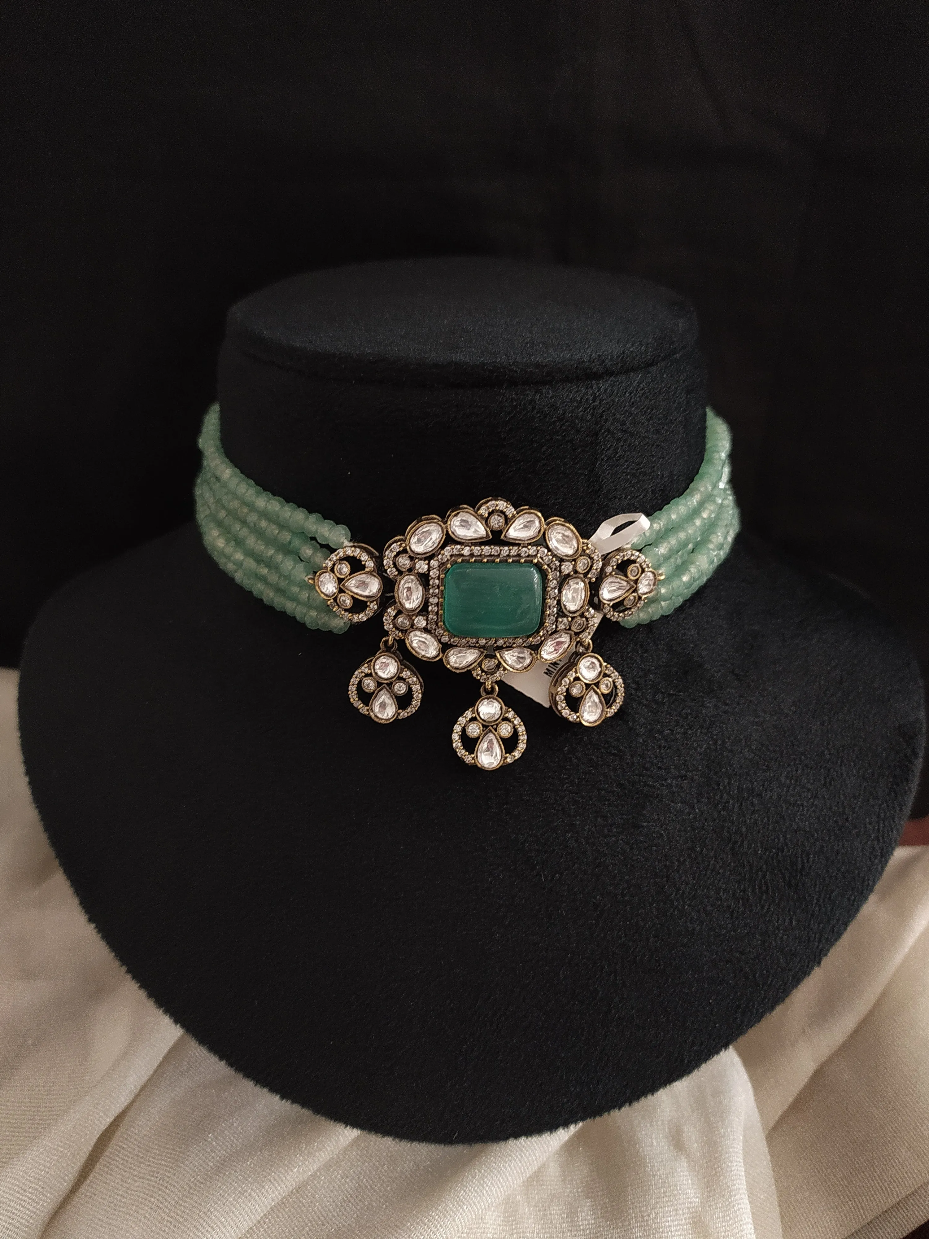 Elegant Onyx Beads Victorian Diamond Choker Sets