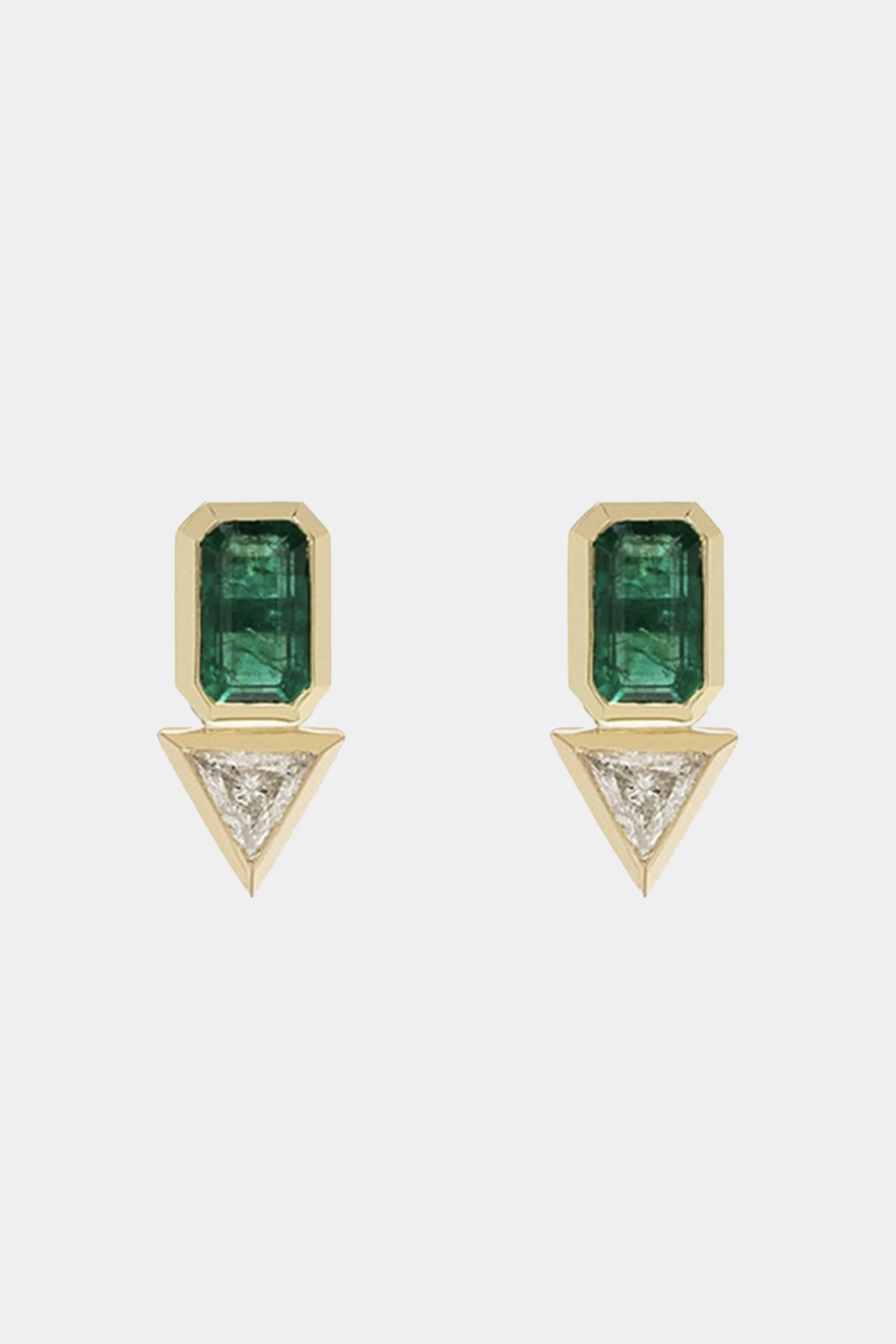 Emerald & Trillion Diamond Studs, Yellow Gold