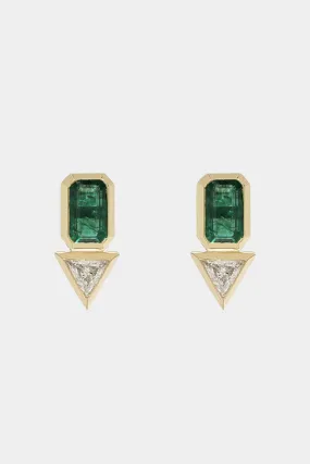 Emerald & Trillion Diamond Studs, Yellow Gold