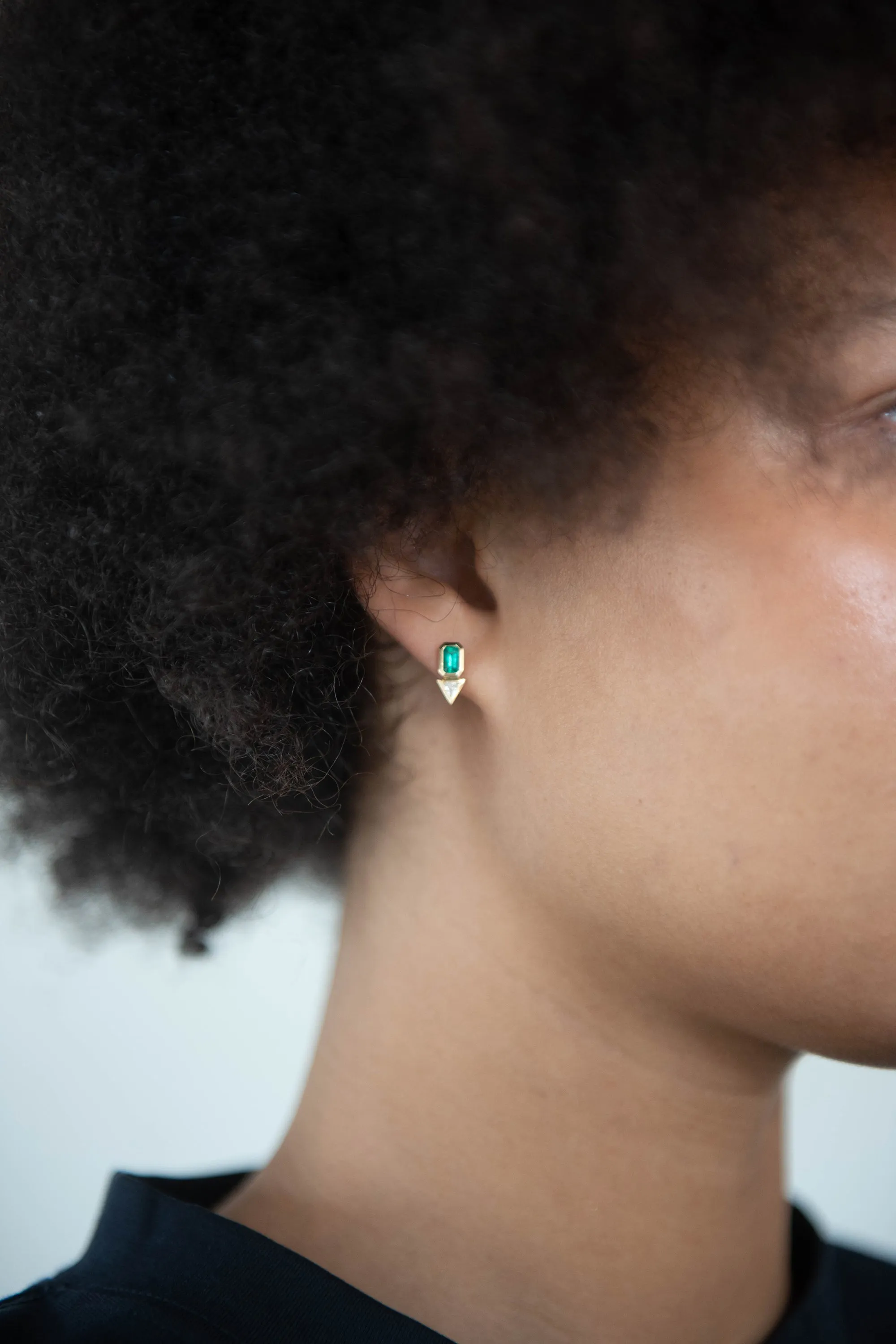 Emerald & Trillion Diamond Studs, Yellow Gold