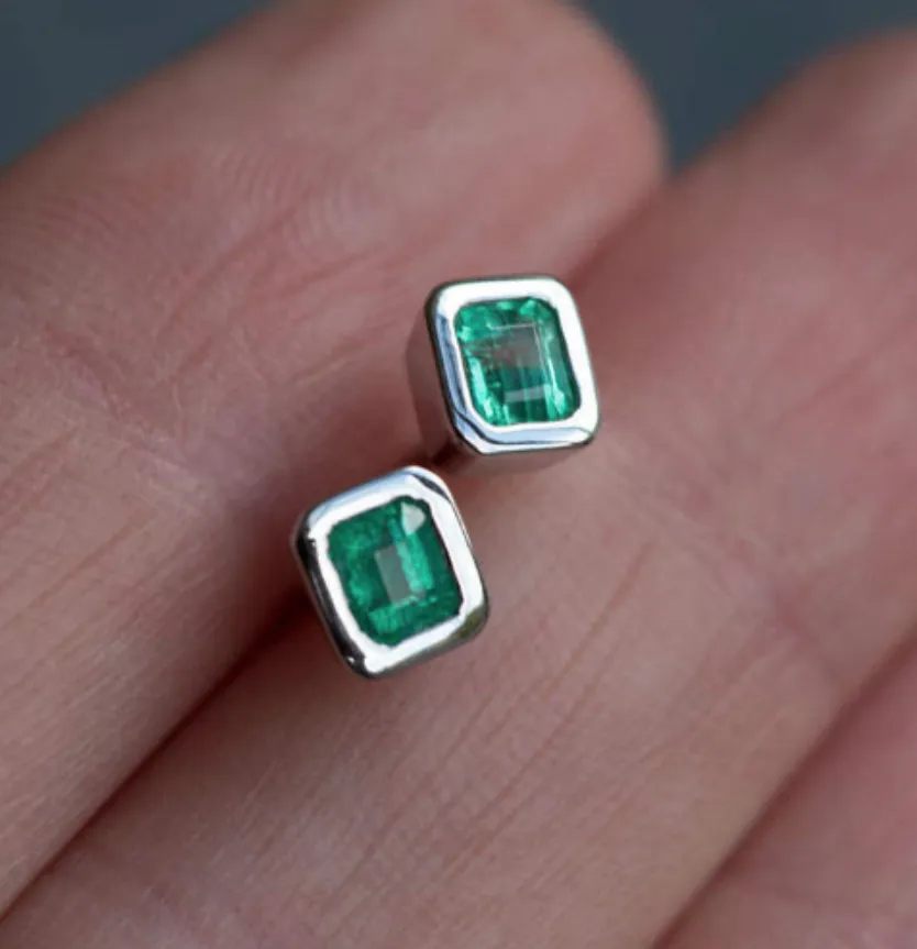 Emerald Bezel Set Earrings in Rose and Yellow Gold