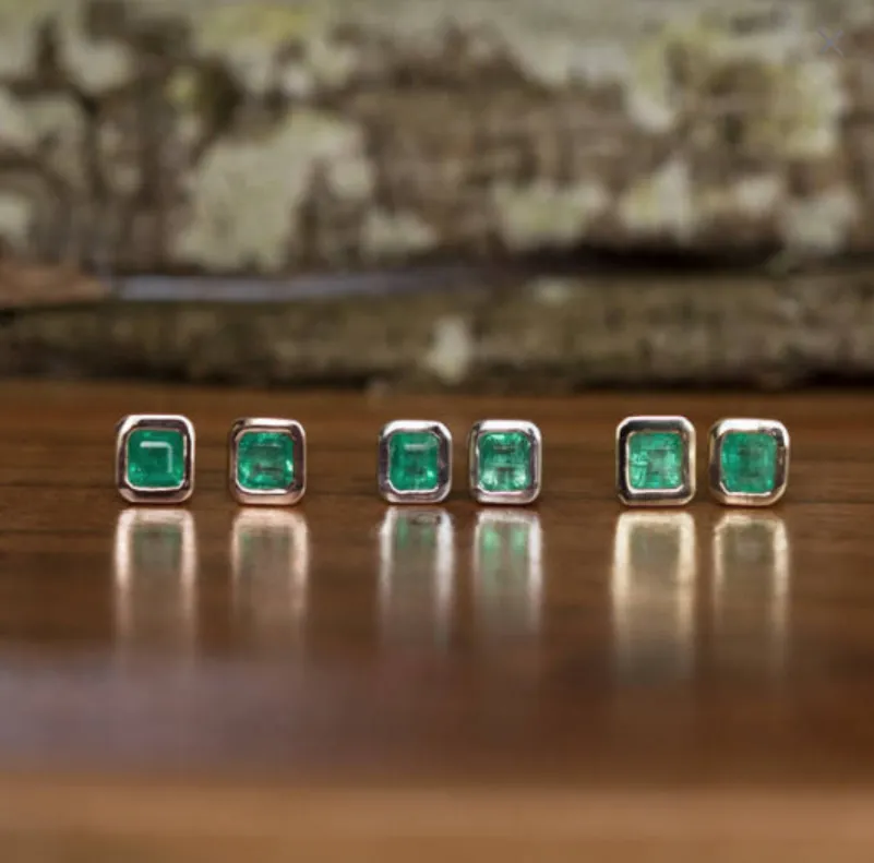 Emerald Bezel Set Earrings in Rose and Yellow Gold